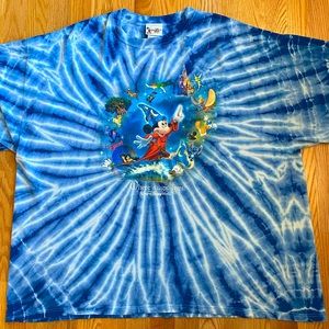 Vintage Disney Blue Tie Dye T-Shirt with Mickey and Disney Characters